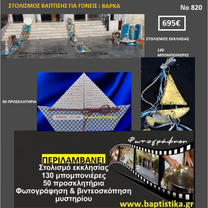 ΒΑΡΚΑ ΠΑΚΕΤΟ ΒΑΠΤΙΣΗΣ (130 ΜΠΟΜΠΟΝΙΕΡΕΣ,50 ΠΡΟΣΚΛΗΤΗΡΙΑ,ΦΩΤΟΓΡΑΦΗΣΗ ΚΑΙ ΒΙΝΤΕΟΣΚΟΠΗΣΗ) Νο 820